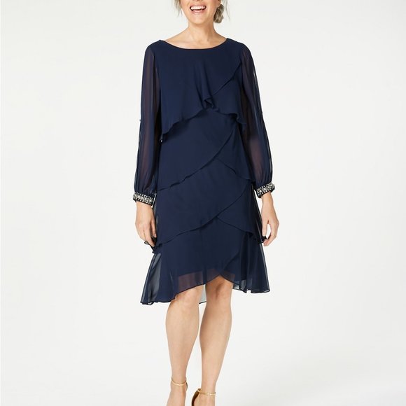 SL Fashions Dresses & Skirts - S.L. Fashions Navy Beaded Long Sleeve Tiered Tulip
